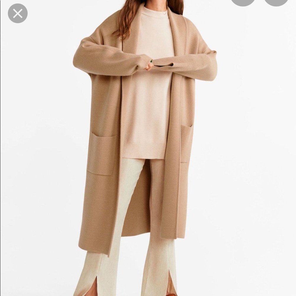 Mango knit unstructured long coat in medium brown XXS/XS